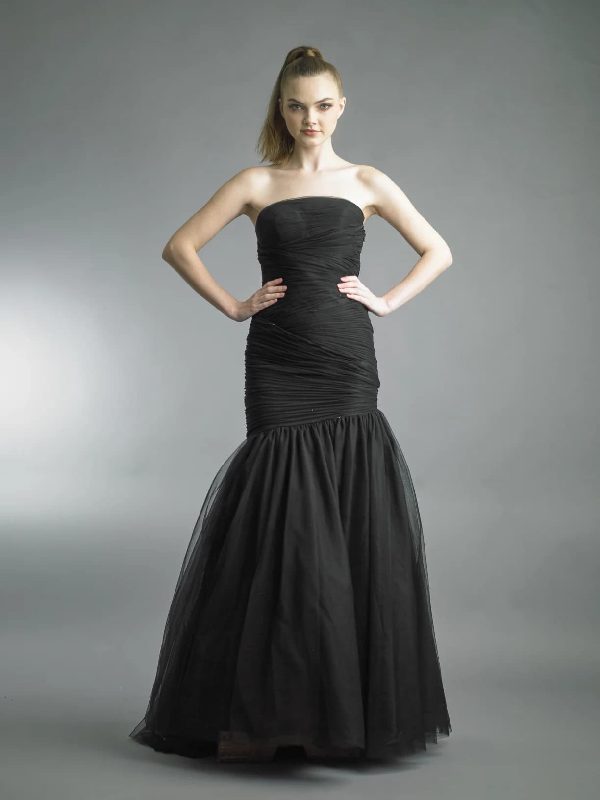 Ruched Tulle Mermaid Strapless Gown view 2