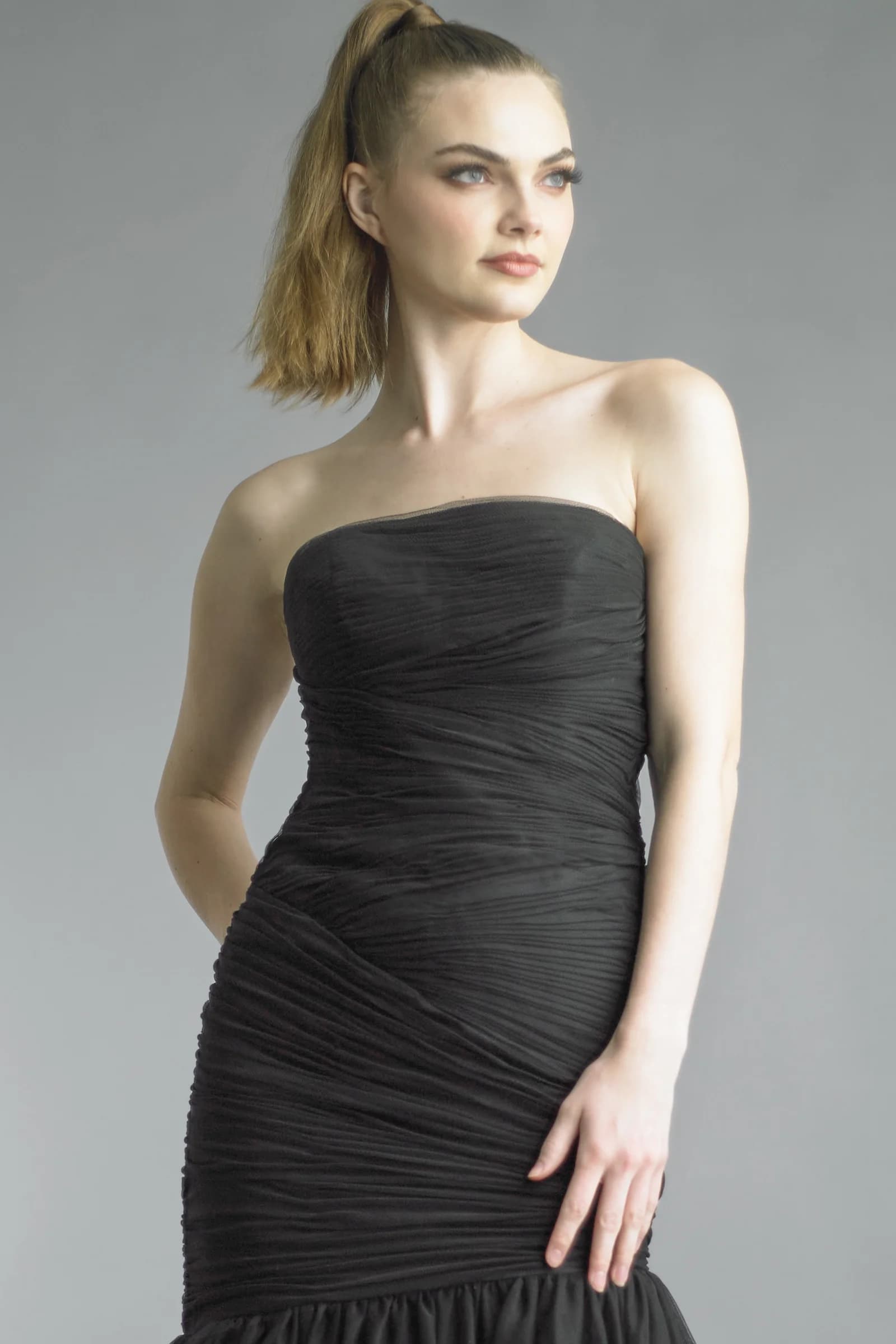 Ruched Tulle Mermaid Strapless Gown view 3